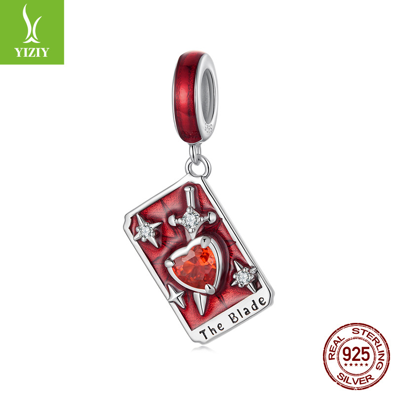 Tarot Silver Charm – The Blade charm with red enamel, heart-shaped ruby CZ and silver swords