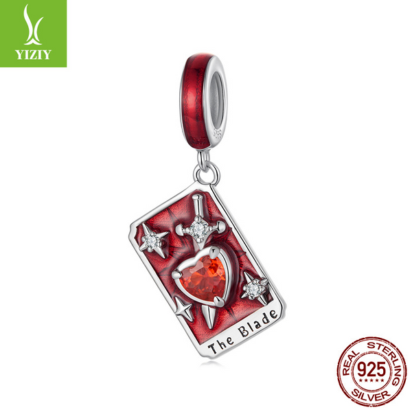 Tarot Silver Charm – The Blade charm with red enamel, heart-shaped ruby CZ and silver swords