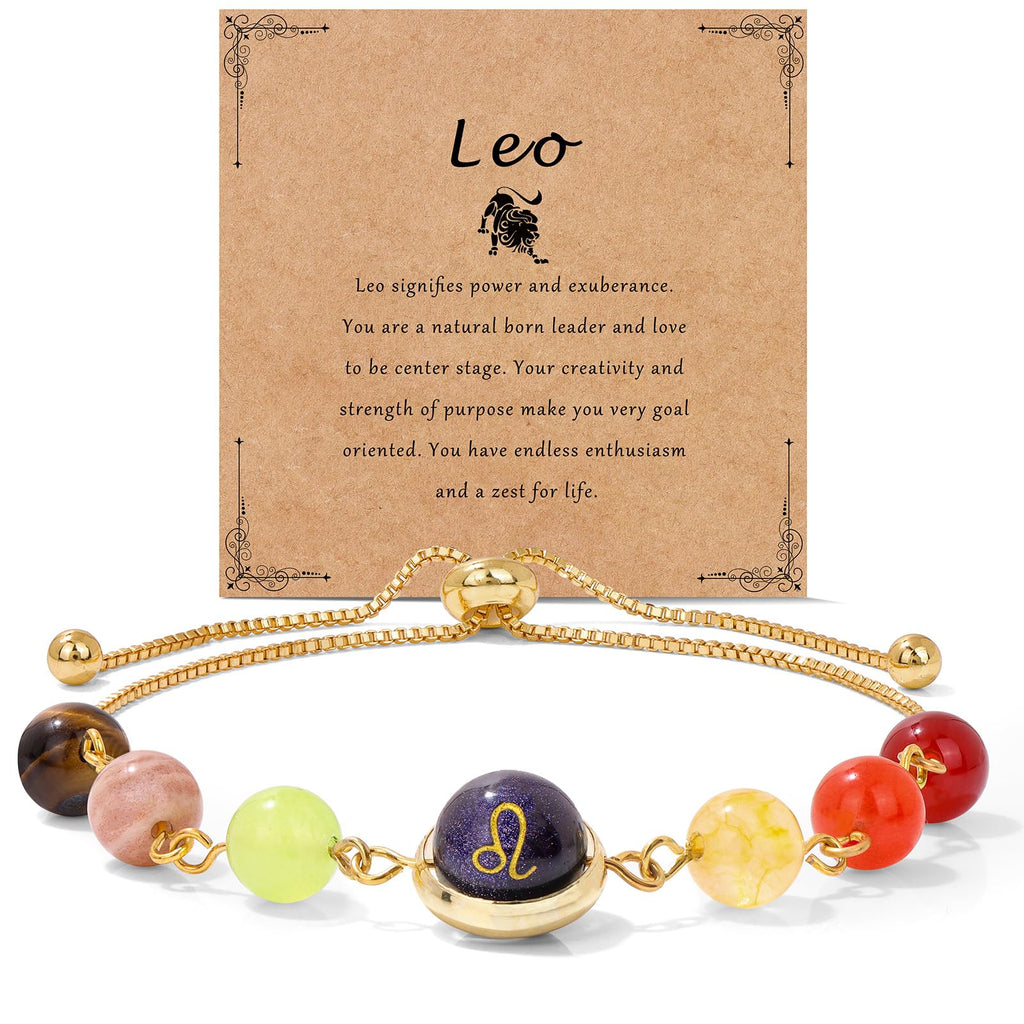 18K Gold Plated Zodiac Stone Bracelet – Leo alternate view with lion symbol and colorful healing stones