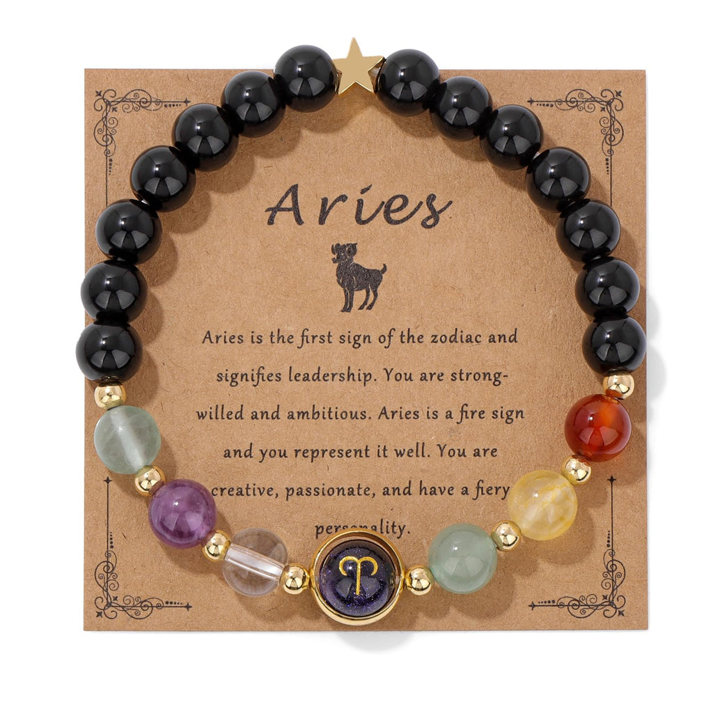 Zodiac Crystal Bracelet – Libra on kraft card with scales symbol and healing stones