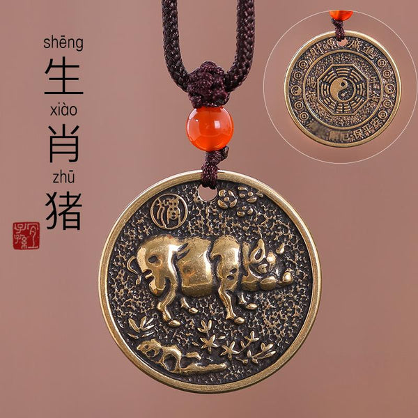 Zodiac Bagua Pendant – brass pig coin with floral ground, round amulet, kids protection pendant