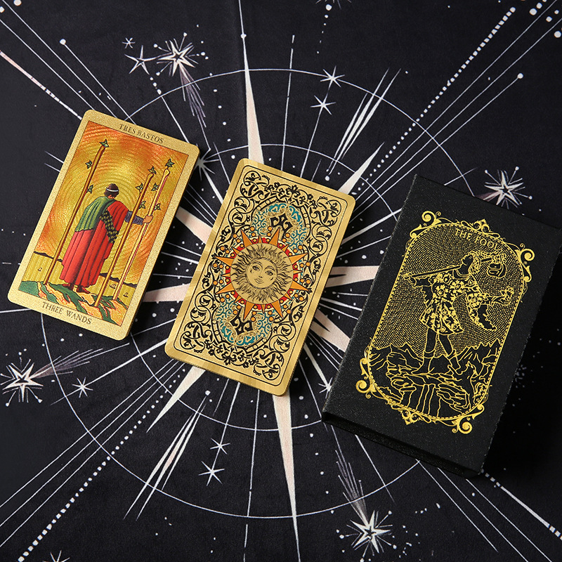 Waterproof Tarot Deck – Gold foil card back with sun face and zodiac ring pattern on star cloth