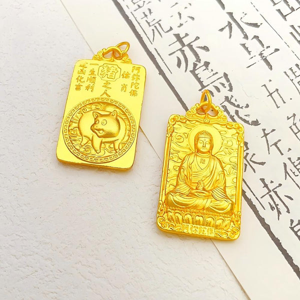 Buddha Zodiac Pendant – pig gold plate with Amitabha, protective Buddha charm