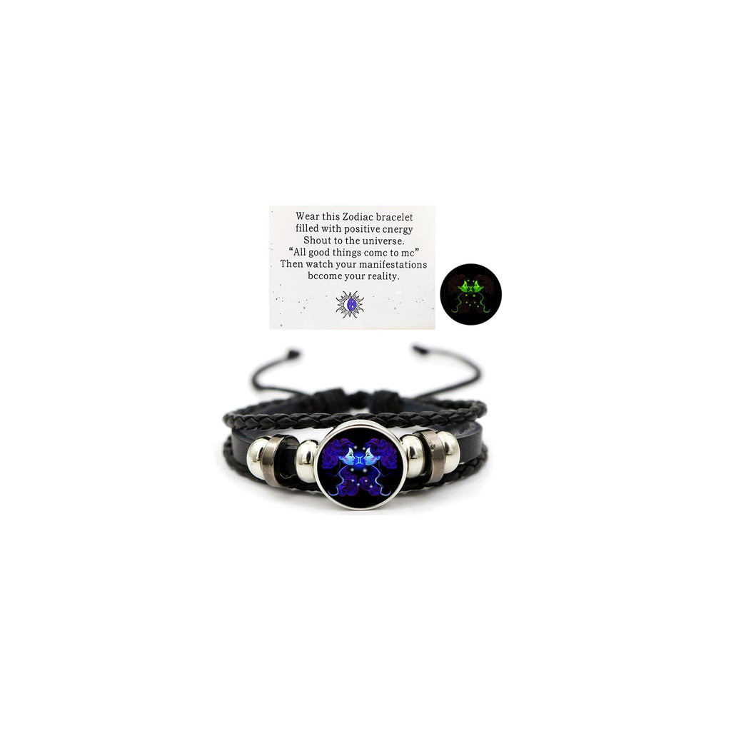 Zodiac Leather Wrap Bracelet – Gemini with twins charm and manifestation card, glow feature