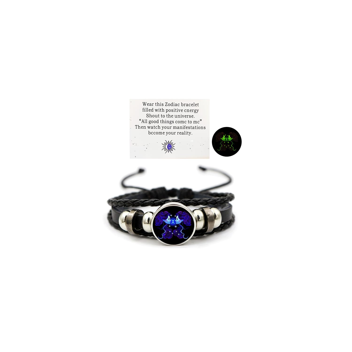 Zodiac Leather Wrap Bracelet – Gemini with twins charm and manifestation card, glow feature