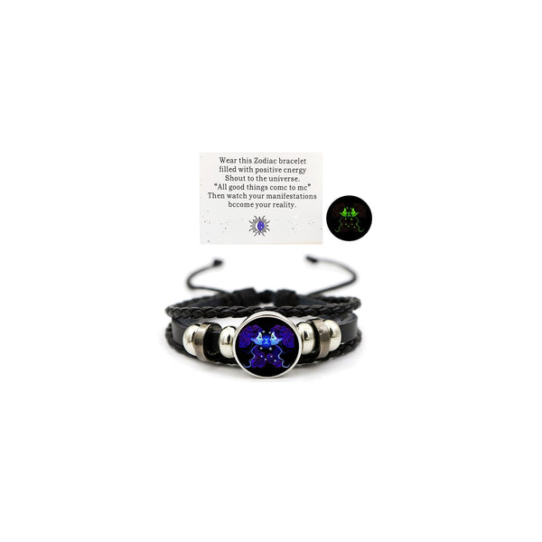 Zodiac Leather Wrap Bracelet – Gemini with twins charm and manifestation card, glow feature