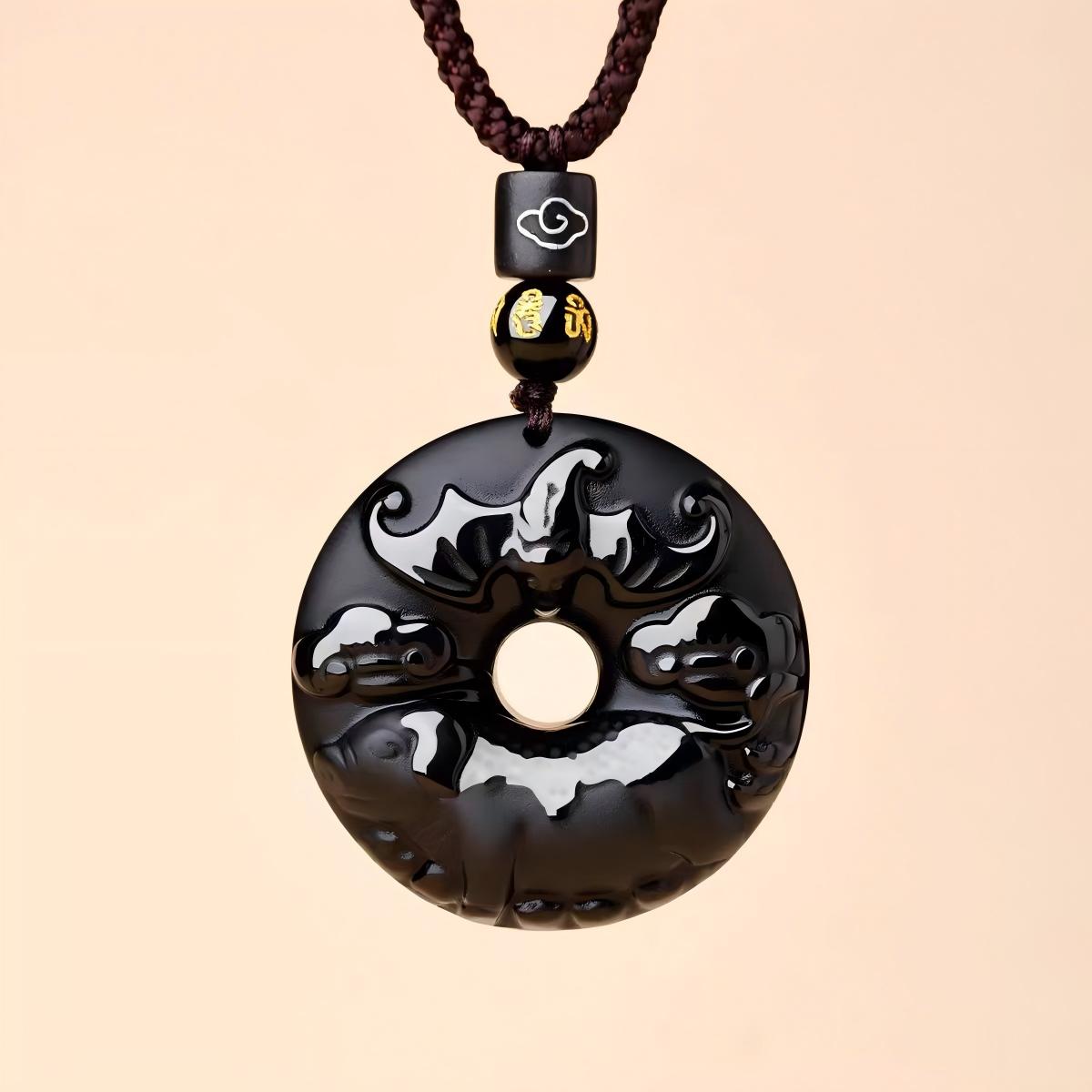 Black Obsidian Necklace – pig zodiac disc with cloud coins, obsidian protection amulet