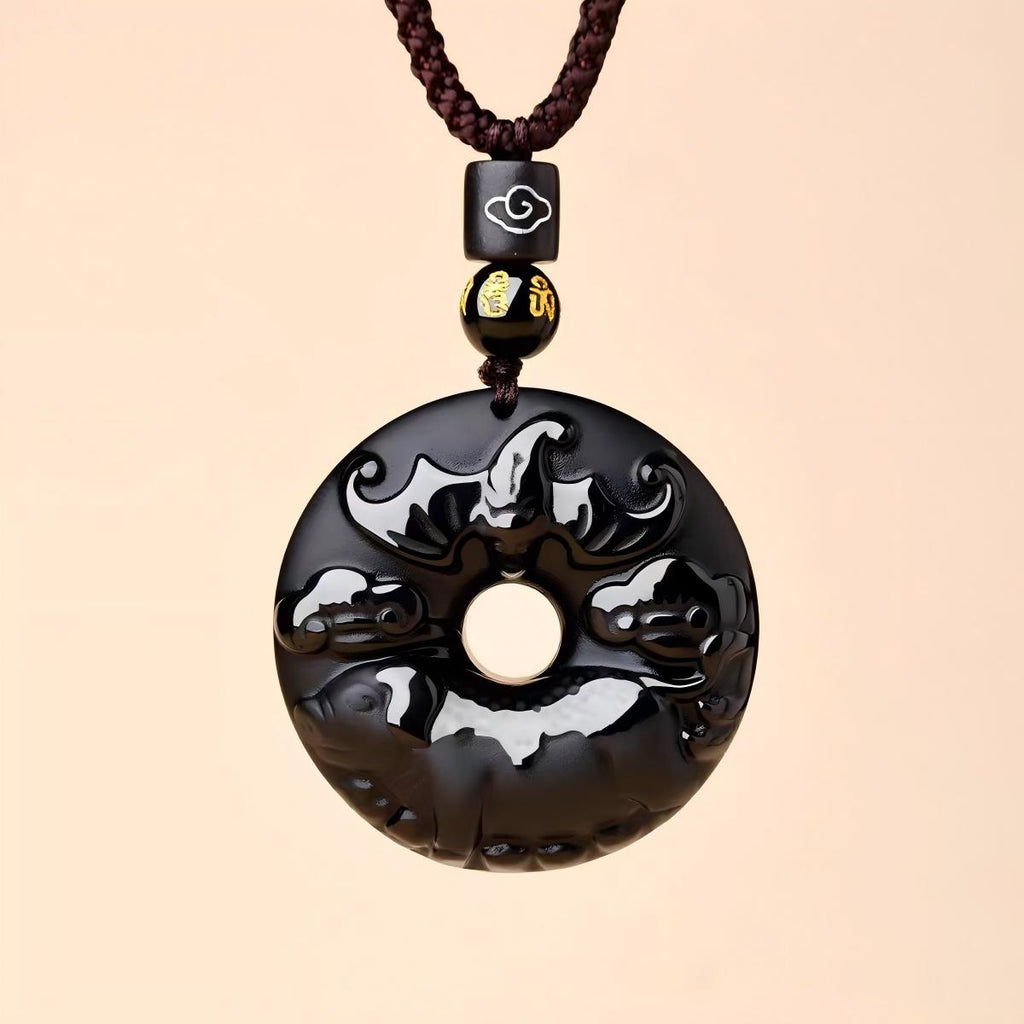 Black Obsidian Necklace – pig zodiac disc with cloud coins, obsidian protection amulet