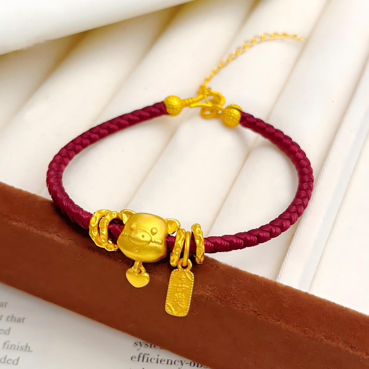 Ben Ming Nian Bracelet – gold pig charm with round face, cute animal bracelet, ben ming nian gift