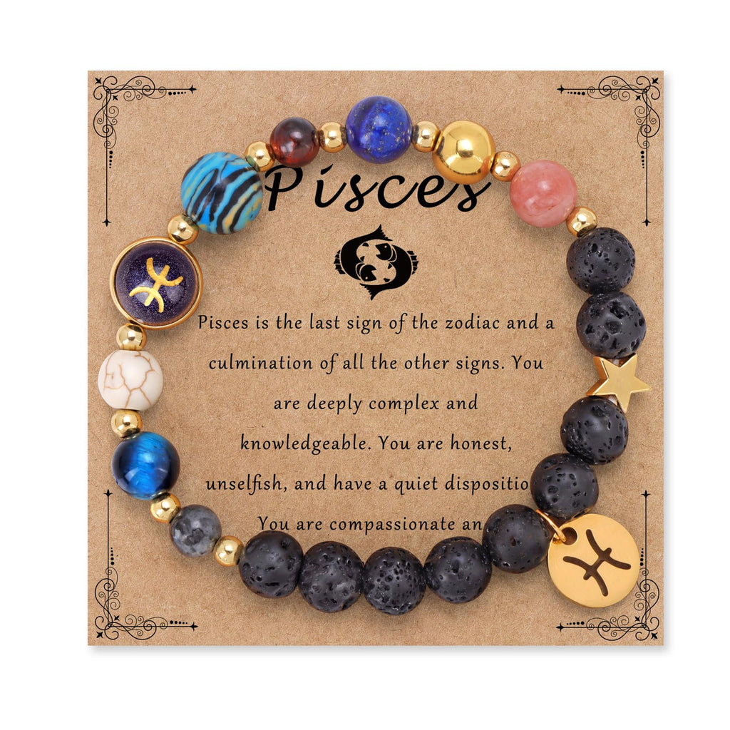 Zodiac Crystal Beaded Bracelet – Pisces with fish charm, healing crystals and lava stones on kraft card