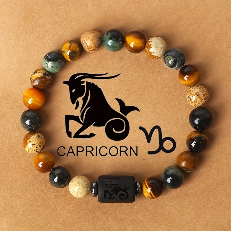 12 Zodiac Natural Stone Bead Bracelet Capricorn sea goat with tiger eye and picture jasper beads