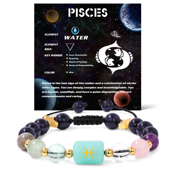 Zodiac Crystal Bracelet – Leo on kraft card with lion symbol and six healing crystals