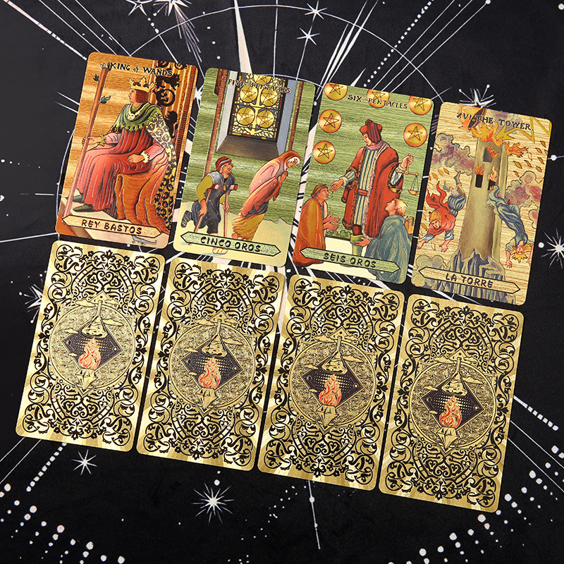Waterproof Tarot Deck – Card with Chinese bilingual text and ornate red-gold frame, premium deck