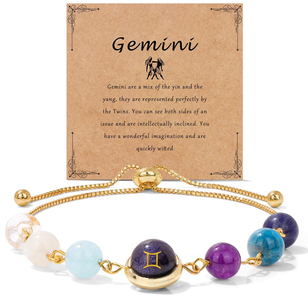 18K Gold Plated Zodiac Stone Bracelet – Gemini with twins symbol on kraft card, amethyst stones
