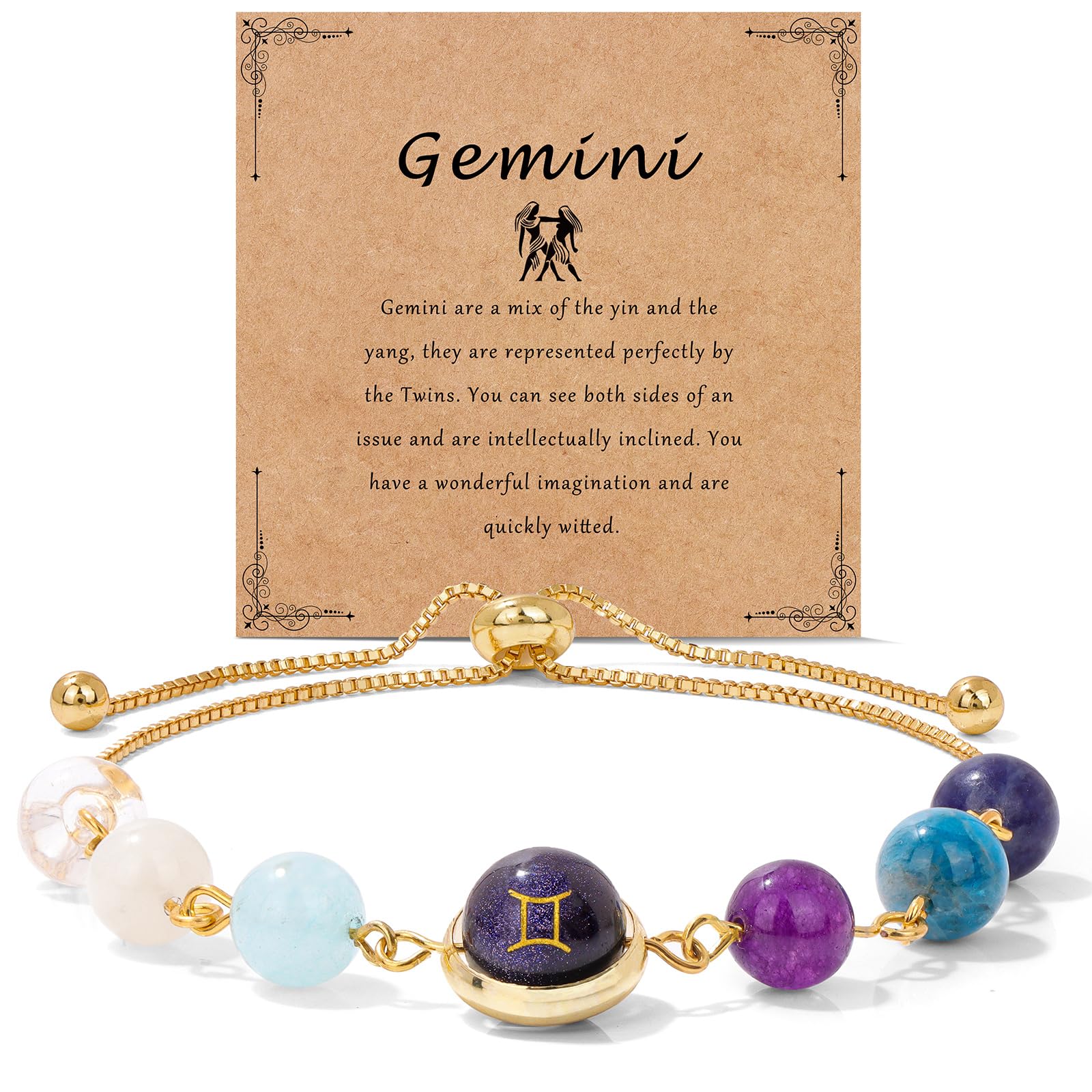 18K Gold Plated Zodiac Stone Bracelet – Gemini with twins symbol on kraft card, amethyst stones