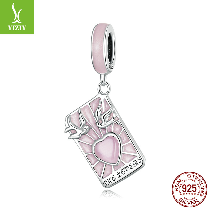 Tarot Silver Charm – The Lovers charm with pink enamel, heart cabochon and two silver doves