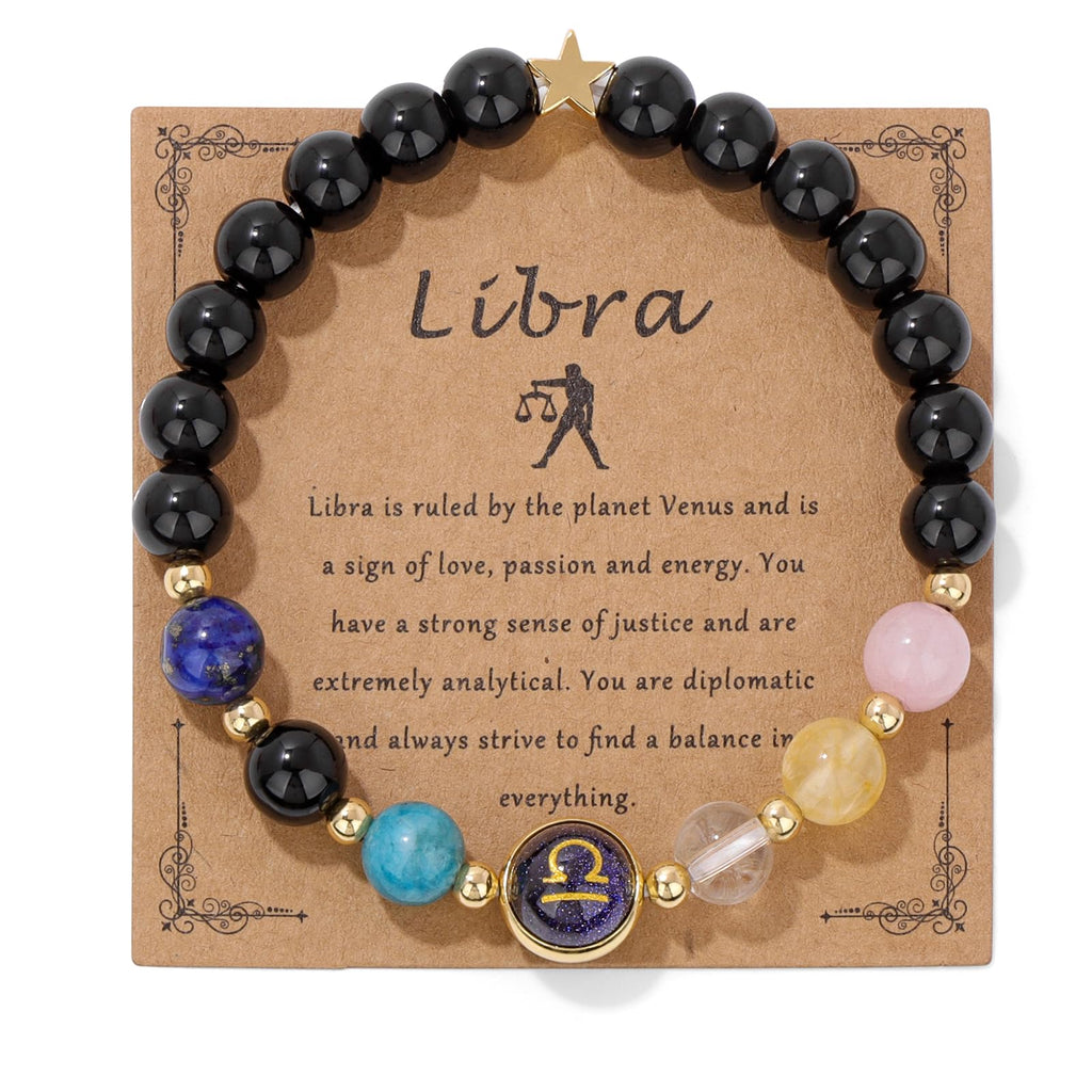 Zodiac Crystal Bracelet – Libra with cosmic card showing air element and scales symbol