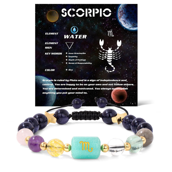 Zodiac Crystal Bracelet – Scorpio worn on wrist with turquoise center bead and gold symbol