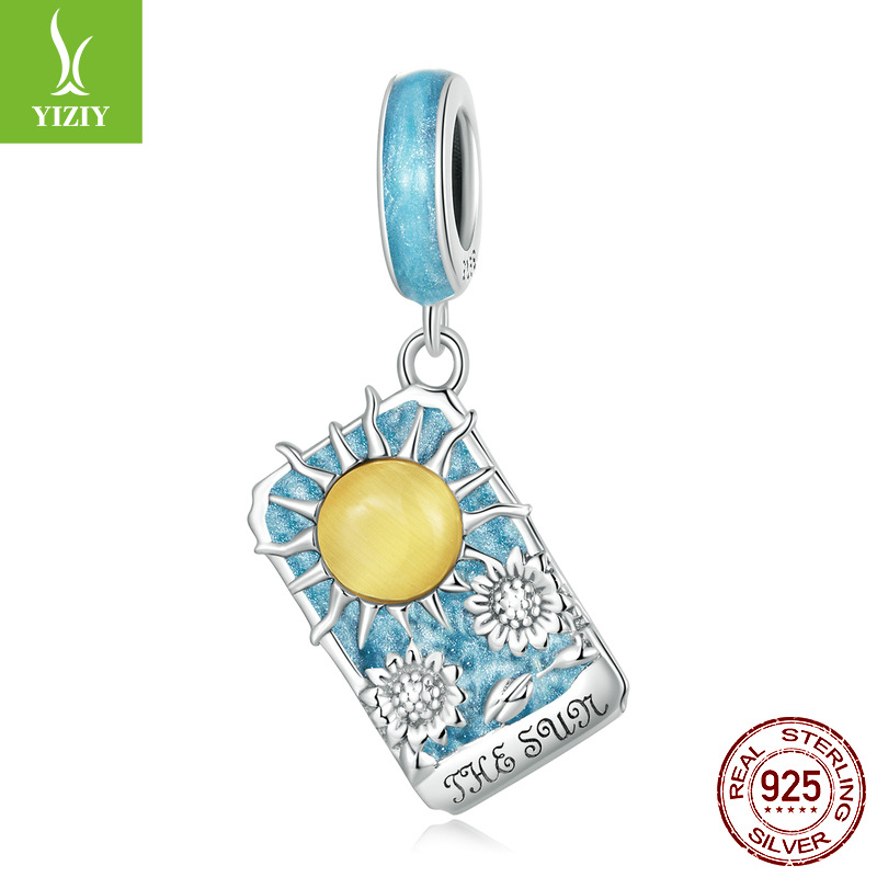 Tarot Silver Charm – The Sun variant with light blue glitter enamel, yellow sun and leaf details