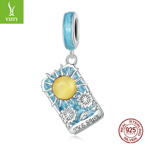 Tarot Silver Charm – The Sun variant with light blue glitter enamel, yellow sun and leaf details