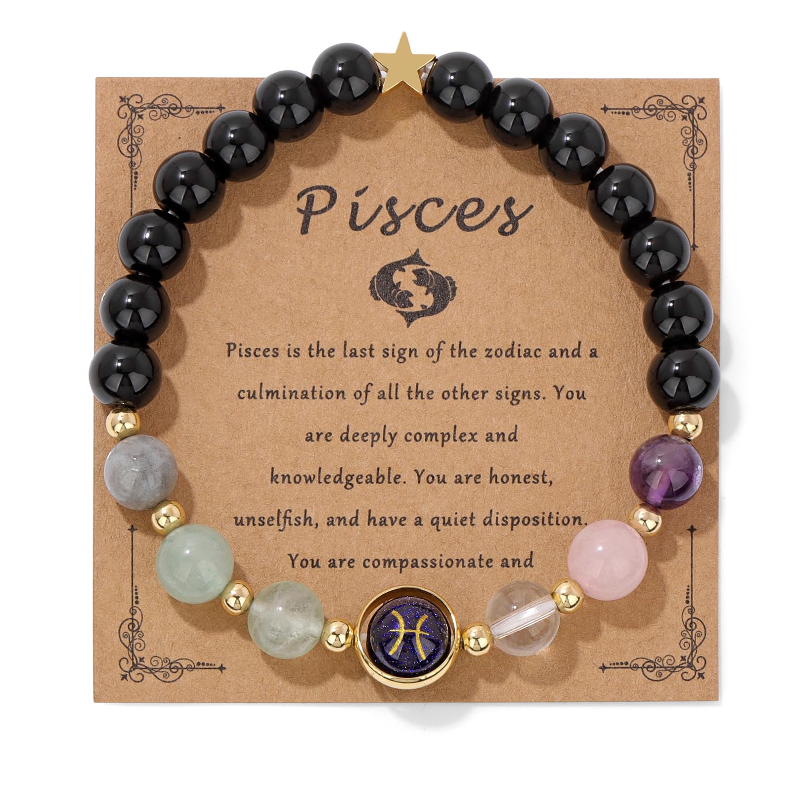 Zodiac Crystal Bracelet – Pisces with cosmic card showing water element and two fish symbol