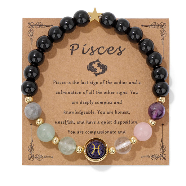 Zodiac Crystal Bracelet – Pisces with cosmic card showing water element and two fish symbol