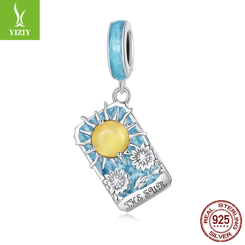 Tarot Silver Charm – The Sun charm with light blue enamel, yellow cabochon and silver sunflowers