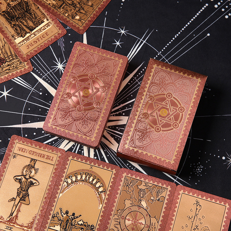Waterproof Tarot Deck – Cards arranged with box and accessories on celestial cloth, complete set