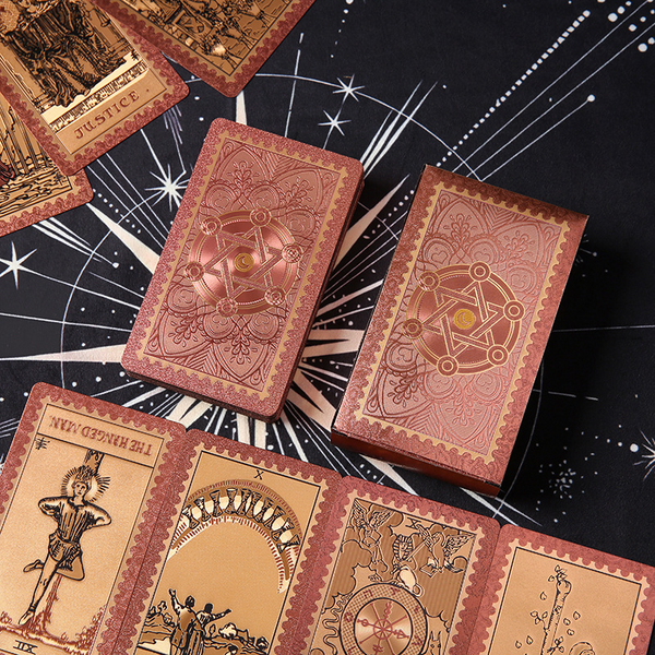 Waterproof Tarot Deck – Cards arranged with box and accessories on celestial cloth, complete set