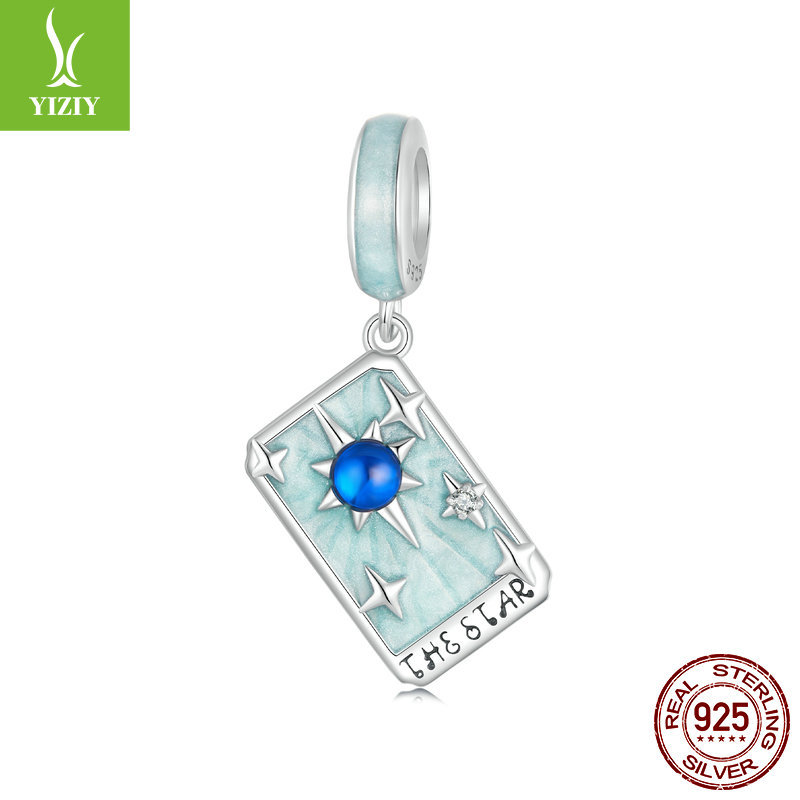 Tarot Silver Charm – The Star charm with mint enamel, royal blue cabochon and silver stars, 925
