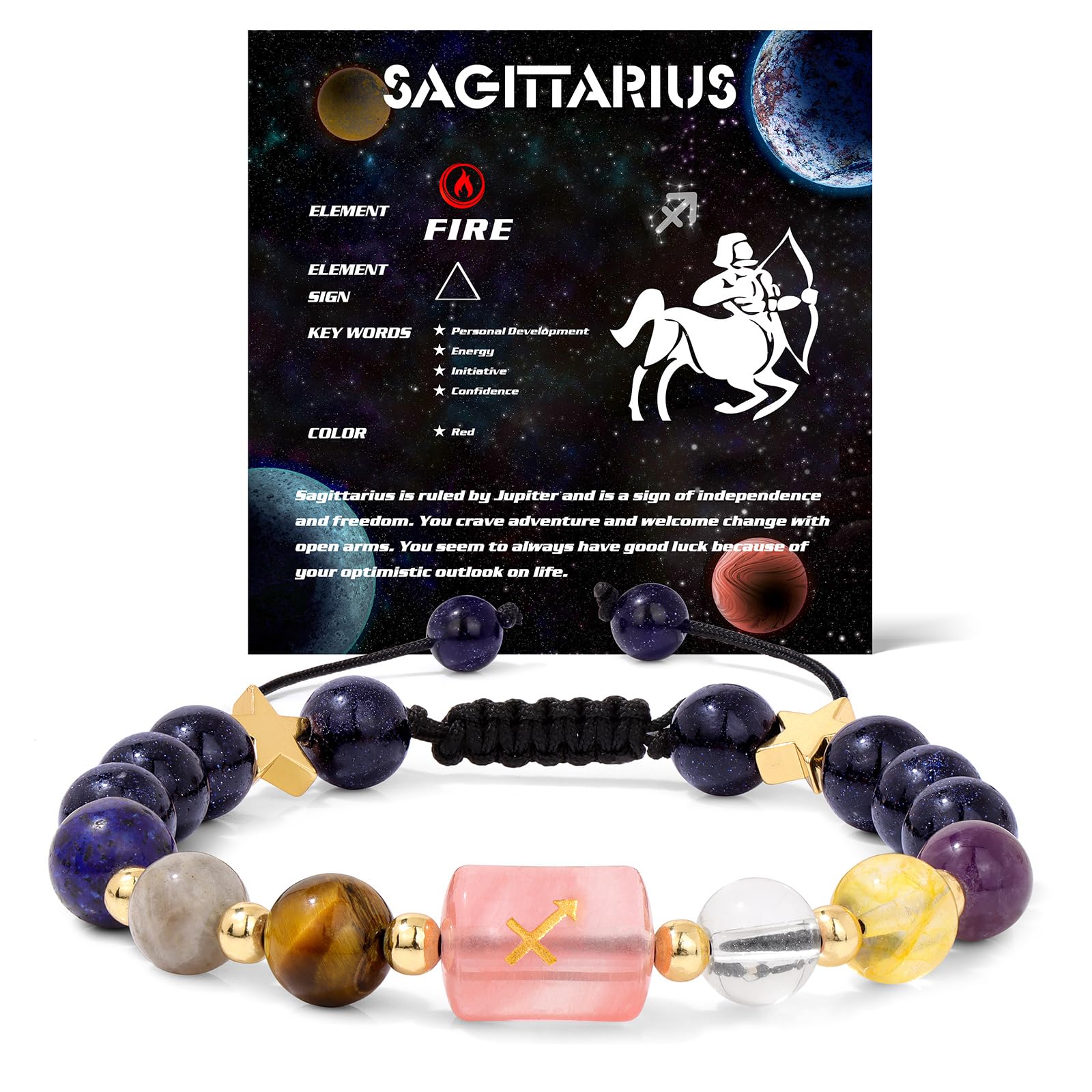 Zodiac Crystal Bracelet – Sagittarius worn on wrist with pink center bead and gold symbol