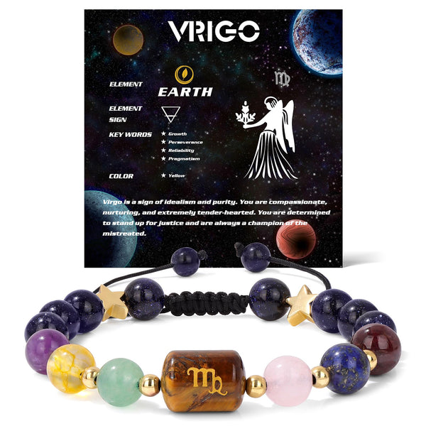 Zodiac Crystal Bracelet – Virgo worn on wrist showing tiger eye center and healing beads