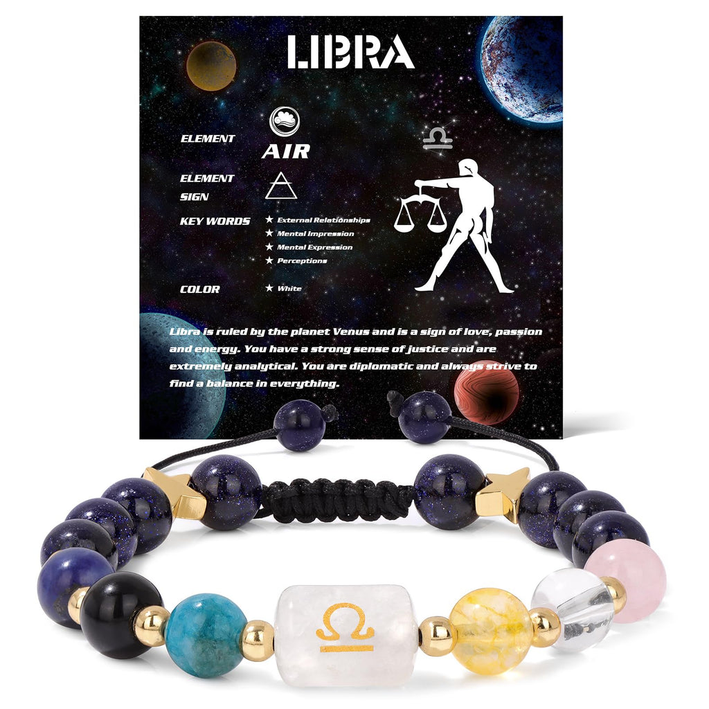 Zodiac Crystal Bracelet – Libra worn on wrist with clear center bead and gold scales symbol