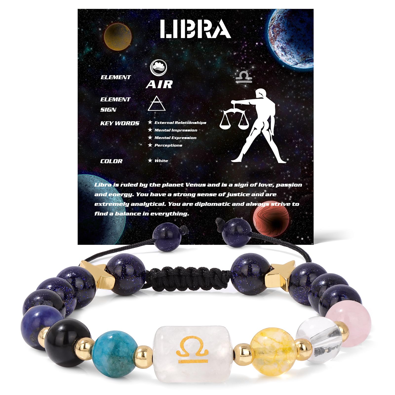 Zodiac Crystal Bracelet – Libra worn on wrist with clear center bead and gold scales symbol