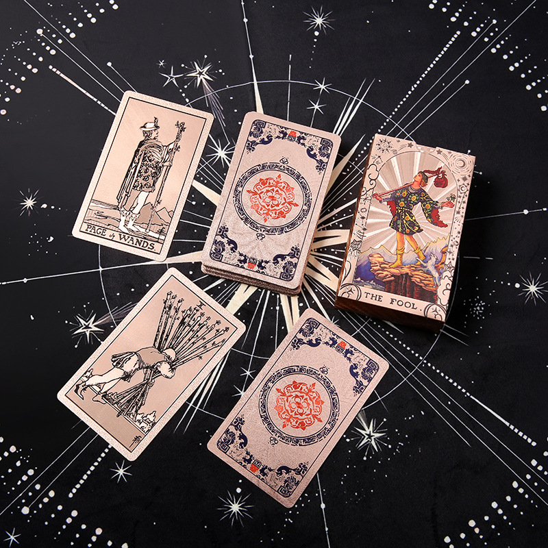 Waterproof Tarot Deck – Cards with celestial star map background showing multiple gold designs