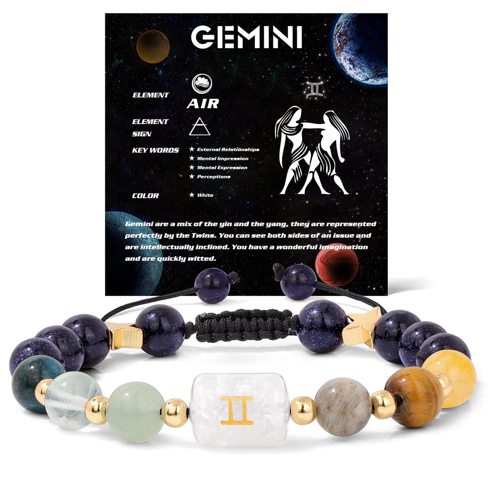 Zodiac Crystal Bracelet – Gemini with cosmic card showing air element and twins symbol