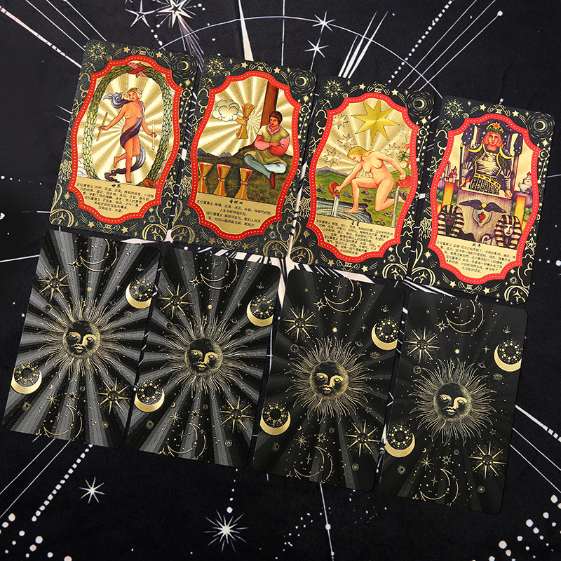 Waterproof Tarot Deck – Tarot card with traditional art and gold ornate border on dark cloth, foil card