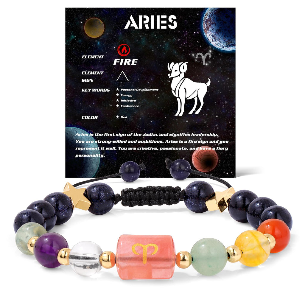 Zodiac Crystal Bracelet – Aries with cosmic card showing fire element and ram symbol