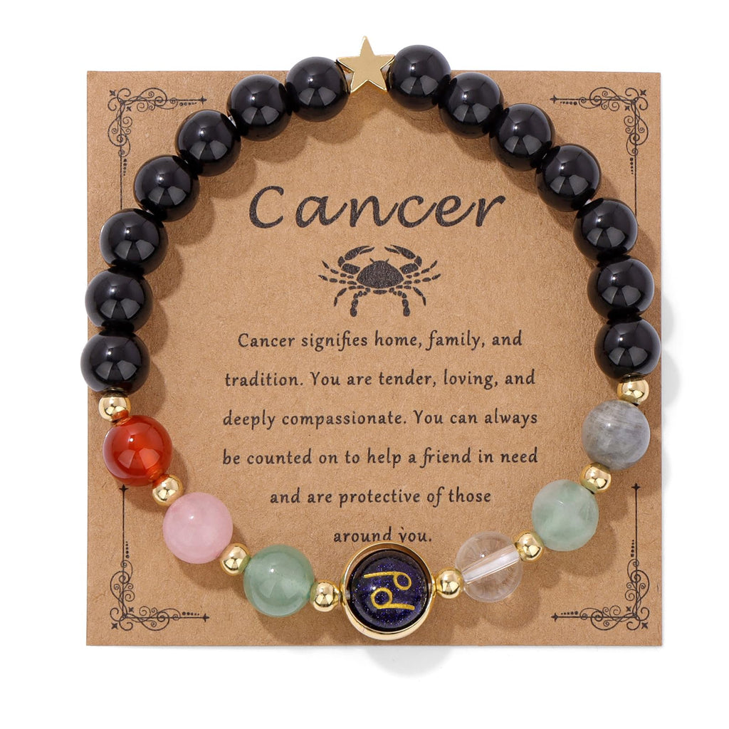 Zodiac Crystal Bracelet – Cancer on kraft card with crab symbol and healing stones