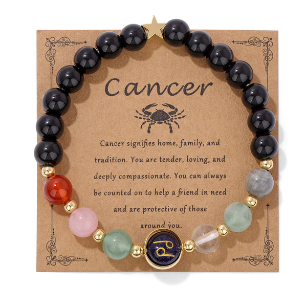Zodiac Crystal Bracelet – Cancer on kraft card with crab symbol and healing stones