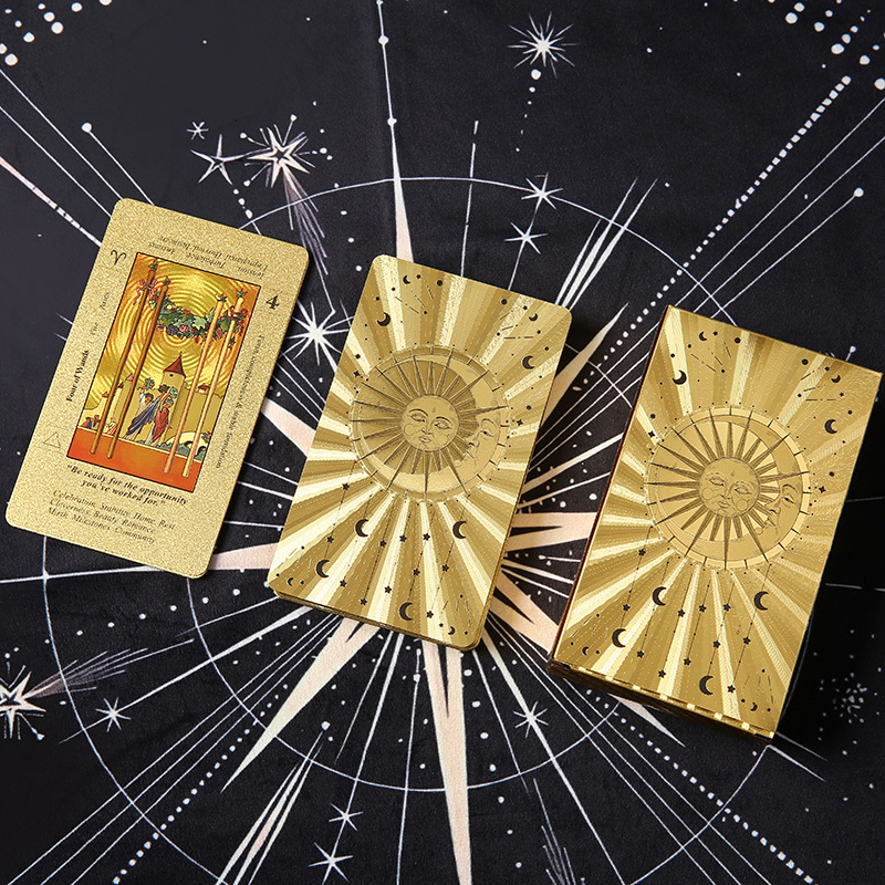 Waterproof Tarot Deck – Knight of Cups with gold frame alongside card back and box on star cloth