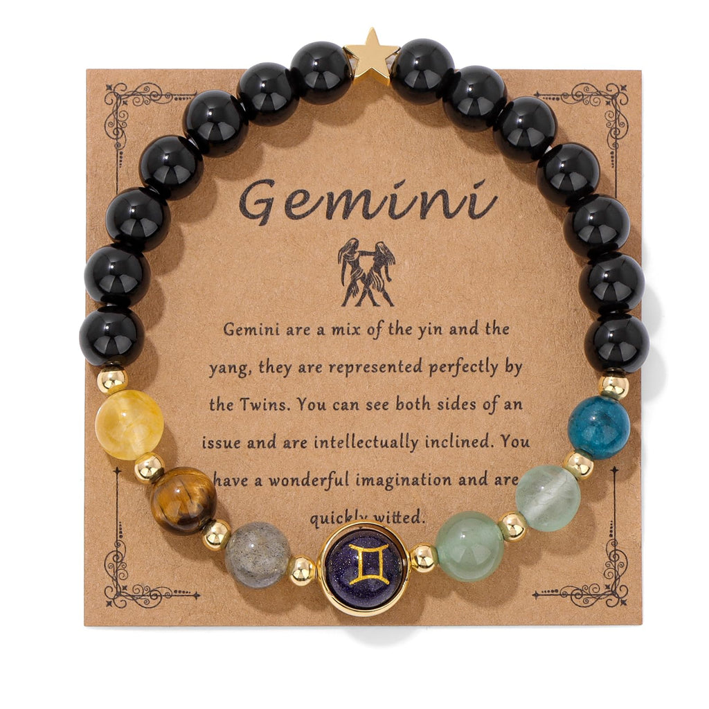 Zodiac Crystal Bracelet – Gemini on kraft card with twins symbol and colorful healing stones