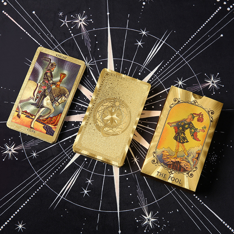 Waterproof Tarot Deck – Knight of Cups, mandala card back, and The Fool on celestial cloth trio