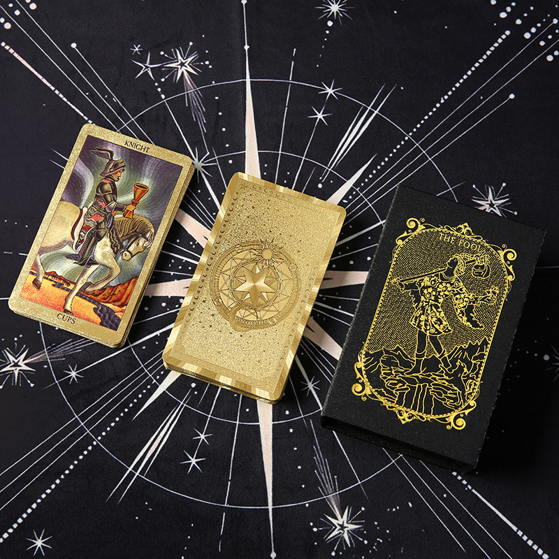 Waterproof Tarot Deck – The Fool with gold ornate arch frame and metallic card back, luxury set