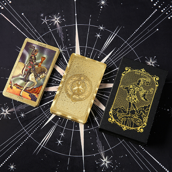 Waterproof Tarot Deck – The Fool with gold ornate arch frame and metallic card back, luxury set