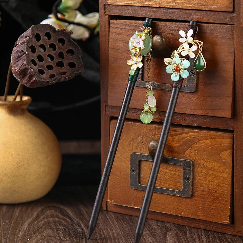 Chinese Wooden Hair Stick with Silk Flower & Tassel, image 24