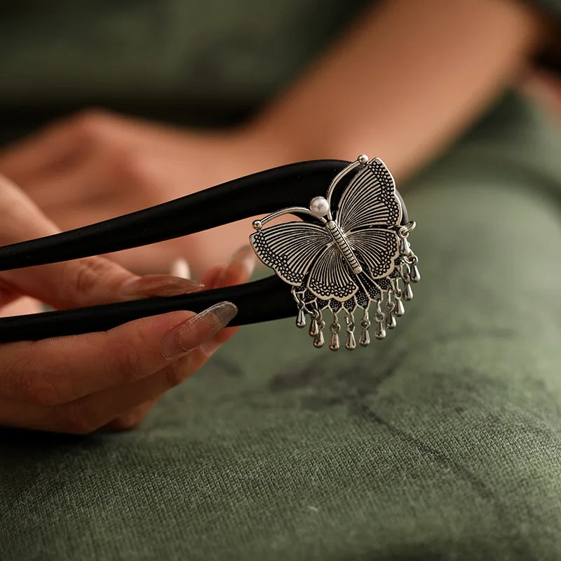 Tibetan Butterfly U-Shaped Wooden Feng Shui Hair Stick, detail shot
