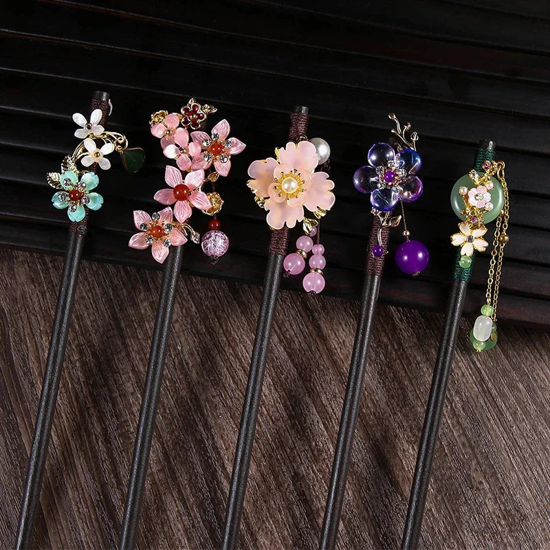 Chinese Wooden Hair Stick with Silk Flower & Tassel, image 22