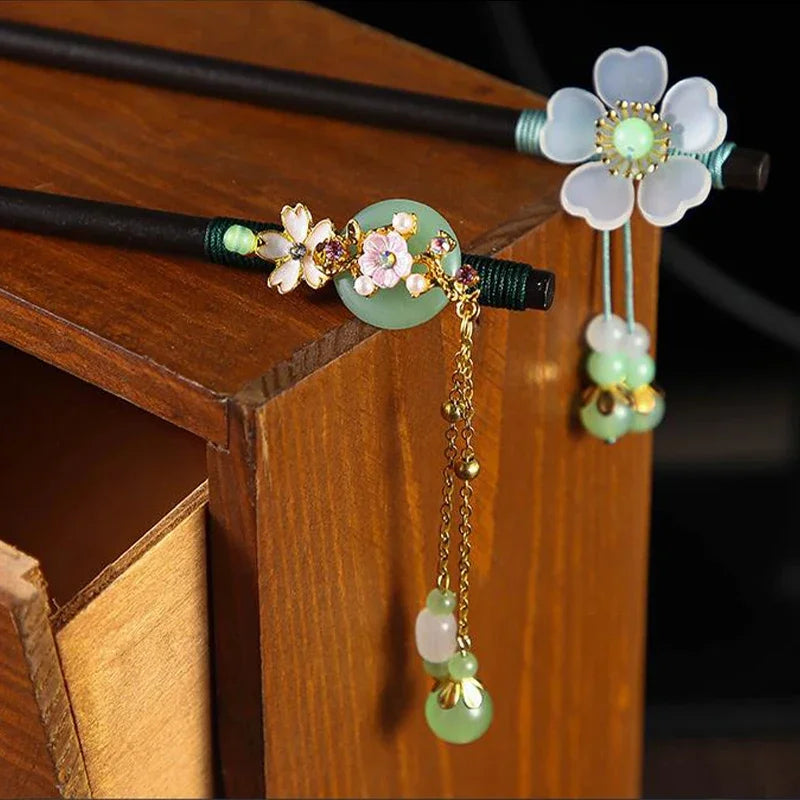 Chinese Wooden Hair Stick with Silk Flower & Tassel, image 25