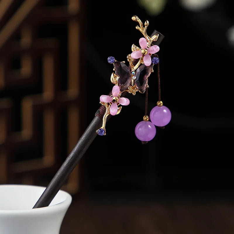 Chinese Wooden Hair Stick with Silk Flower & Tassel – option1260, image 5